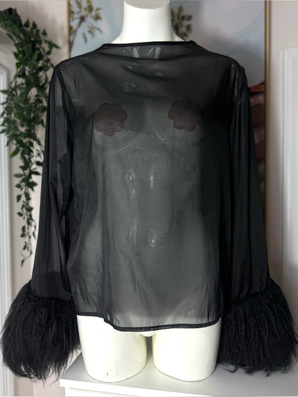 Shein Black Sheer Mesh Faux Fur Cuff Long Sleeve Blouse Keyhole Back Size XL 12